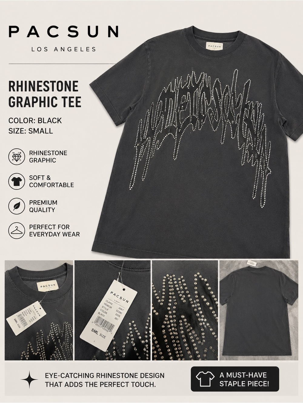 PacSun Charcoal Gray Rhinestone Graphic Short Sleeve Tee